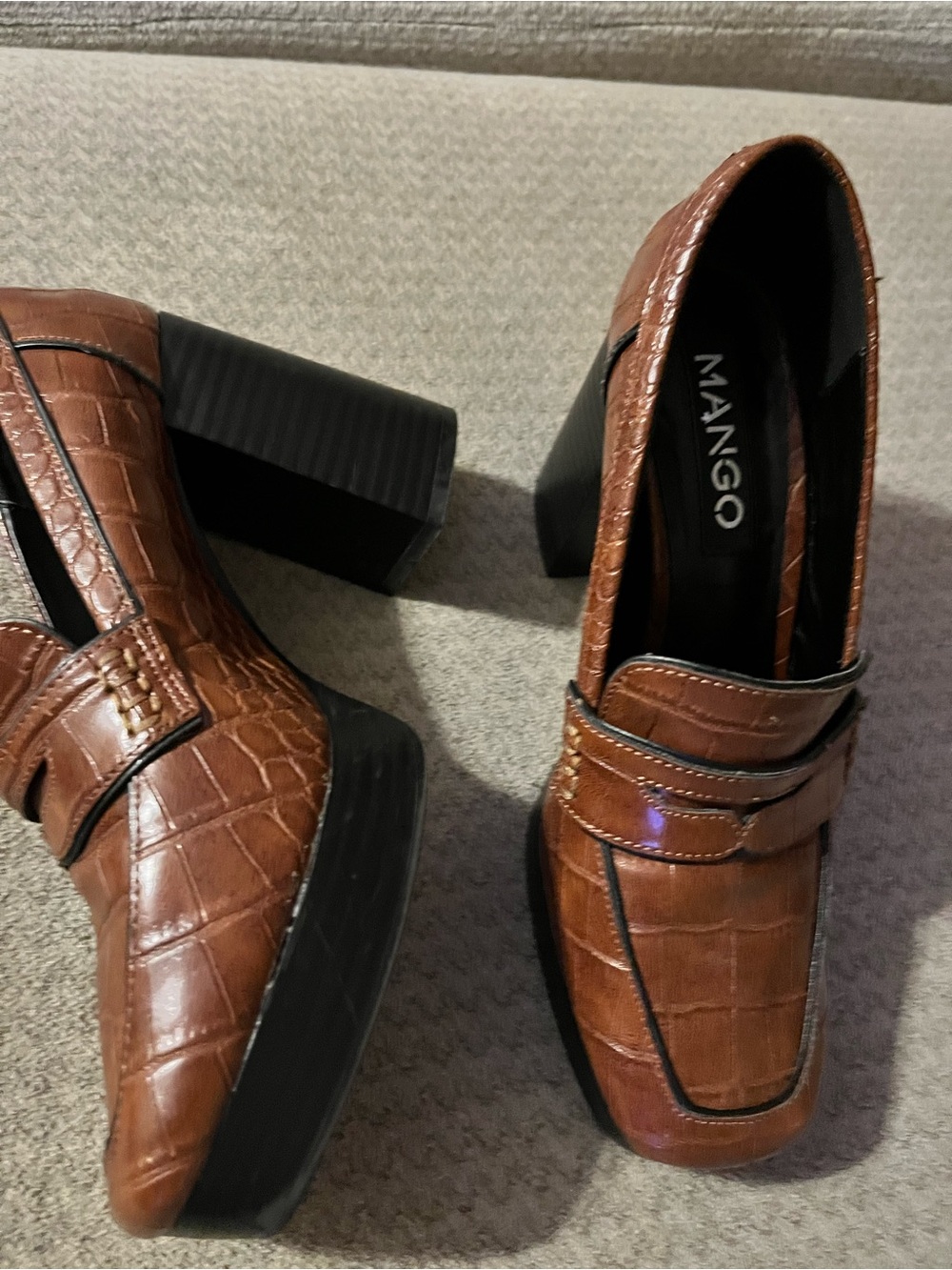Mango Cognac Croc-Embossed Block Heel Loafers